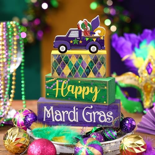 Lineshading 4 Pcs Mardi Gras Tiered Tray Decor Wooden Blocks, Truck