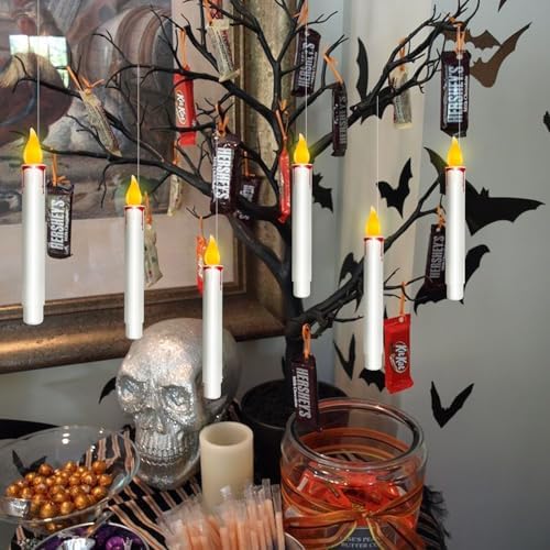 Floating Candles with Remote, 10 PCs Hanging Candles, Flickering Warm Light Flameless Floating LED Candle, Battery Operated Window Taper Candle Set for Halloween Home Party Decoration-White