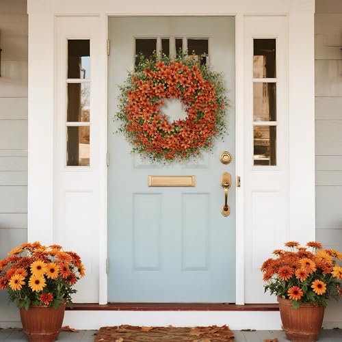 26" Large Artificial Eucalyptus Silk Flower Wreath for Outdoor(Fall Orange)