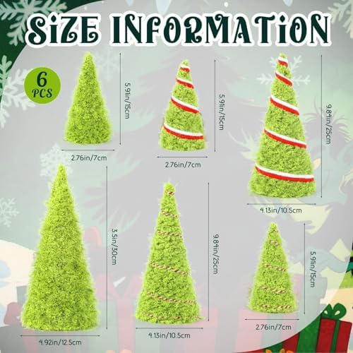 6 PCS 12" 10" 6" Lime Green Furry Christmas Cone Tree Christmas Handmade Xmas Velvet Trees Tabletop Centerpieces Mini Farmhouse Red Green Tree for Kitchen Mantle Winter Home Wedding Party Ornaments