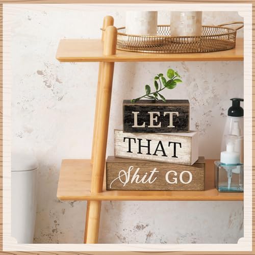 Moucuny 4 Pcs Wooden Block Signs Farmhouse Table Decoration for Bathroom
