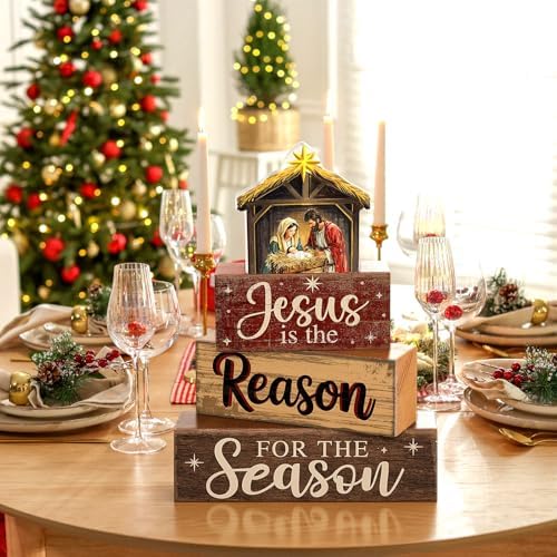 Moucuny 4 Pcs Christmas Table Decor Christian Nativity Scene Wooden Blocks