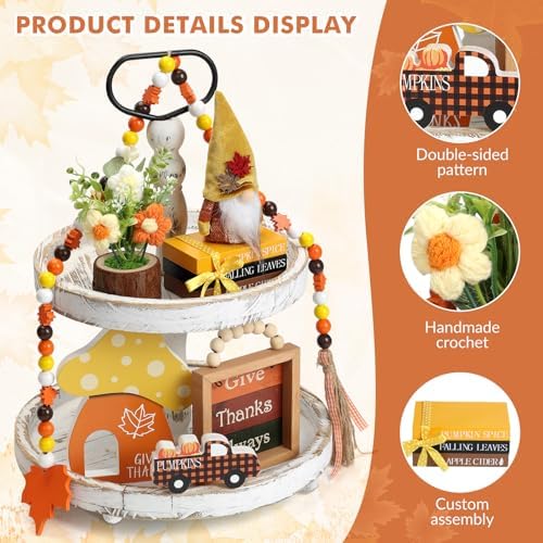 7 pcs Thanksgiving Tiered Tray Fall Decor Set, Gnome Truck Thanksgiving Wood Plaque Wooden Bead String Decorations, Fall Decorations for Home Kitchen Fireplace Farmhouse Office Fall Decoration