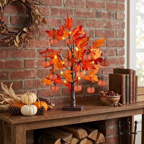 hogardeck Fall Decorations for Home, Thanksgiving Decorations, 24”2FT Lighted Maple Leaves Tree with 24 LEDs & 12 Wood