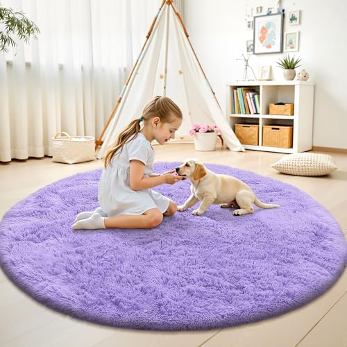 OLANLY Light Purple Round Rugs for Bedroom - Machine Washable, 5 ft Circle Area Rugs for Living Room, Soft and Fluffy