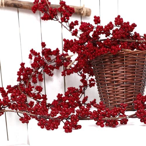 Christmas Red Berry Garland, Artificial Red and Burgundy Berry Christmas Garland Decor for Winter Christmas Indoor Outdoor Home Fireplace Table Decorations(Mini Berry)