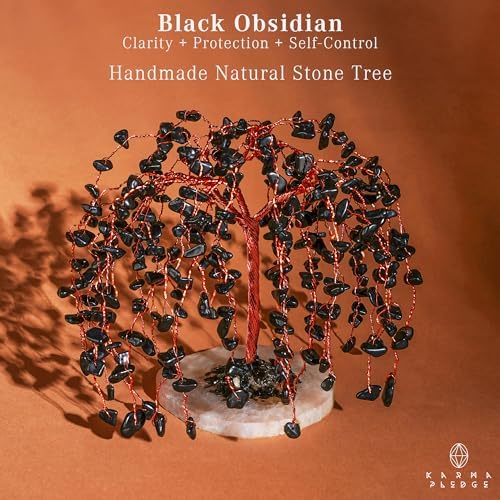 KARMAPLEDGE Chakra Tree of Life Birthday Gifts for Women, Home and Office Decor, Handmade Black Obsidian Crystal Tree