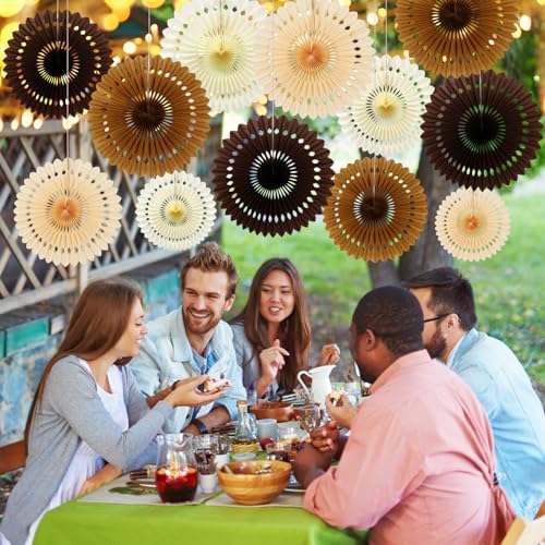 BestoFun 12PCS Paper Fans Brown Neutral Party Decorations Tissue Paper Flowers Boho Paper Fans Party Decorations for Girl Groovy Birthday Baby Shower Wedding Bachelorette Room Wall Hanging Décor