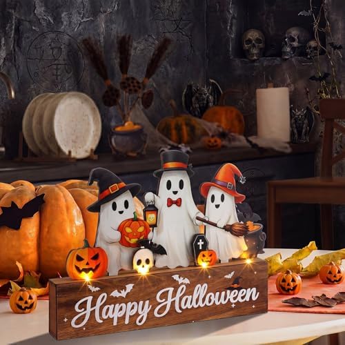 Patelai Halloween Table Decoration with LED Lights Wood Pumpkin Ghost Signs