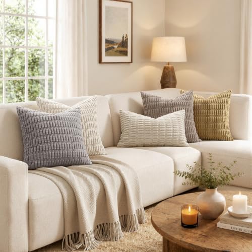 MIULEE Corduroy Decorative Throw Pillow Covers 20x20 Cream White Pack of 2