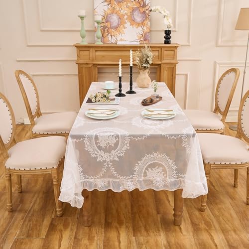 White Lace Tablecloth, Vintage Rectangular Table Cloth 70”x55”