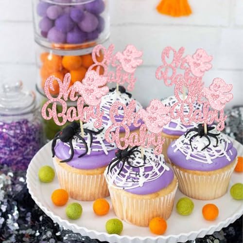 Gyufise 24Pcs Ghost Oh Baby Cupcake Toppers Pink Glitter Bow Spooky Cupcake Picks for Halloween Ghost Theme Baby Shower Kids Birthday Party Cake Decorations Party Supplies