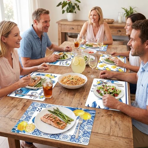 OBUSATT Blue and Yellow Lemons Placemats Set of 6 17×12 Inch Summer Lemon