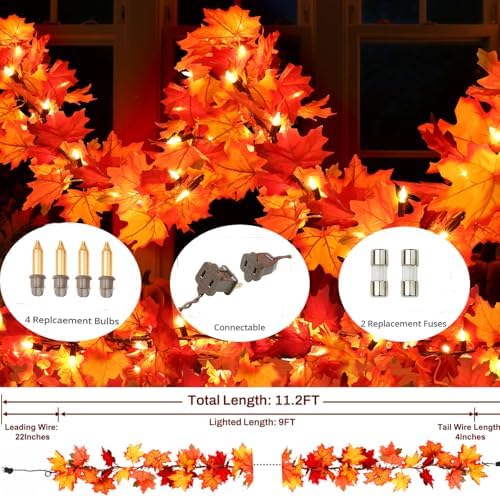 Fall Decorations Lighted Fall Garland, 9FT 50 Count Incandescent Lights Brown Wire UL Certified Connectable Maple Leaves String Lights for Home Party Fireplace Mantle Thanksgiving Decor (Orange, 9FT)