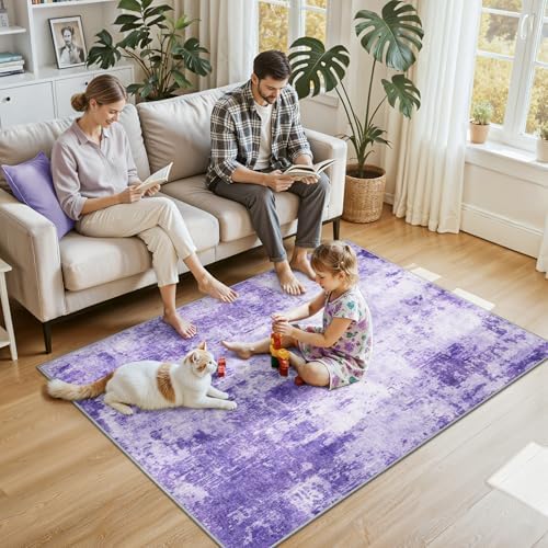 RELEANY Washable 4'x6' Abstract Area Rug for Living Room Purple