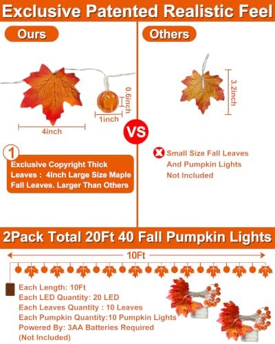 2 Pack Fall Garland with Pumpkin Lights Total 40LED 20Ft Battery Operated