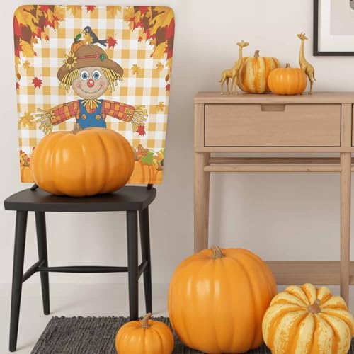 LooPoP Fall Chair Covers Set of 8 Scarecrows Crow Pumpkin Chair Slipcover Protector Stretch Chair Covers Maple Leaf Orange Buffalo Plaid Thanksgiving Chair Back Covers for Dining Chairs Kitchen Party