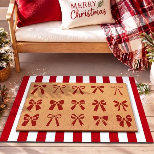 Tinideya 2 Pcs Christmas Layered Doormat Set, Red Bows