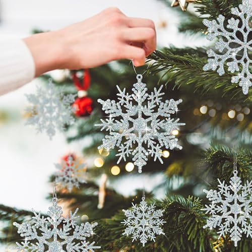 36pcs Iridescent Silver Christmas Snowflake Ornaments, Plastic Sparkling Glitter Hanging Snow Flakes for Christmas Tree Decorations Winter Wonderland Frozen Birthday Party Holiday Home Decor