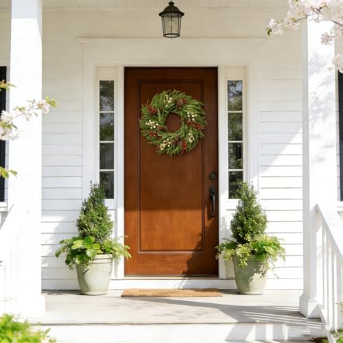 26" Norfolk Pine Wreath, Large Greenery Wreath for Front Door, Green Year Round Real Touch Artificial Greenery Wreath for Wall Porch Rustic Farmhouse Home Decor, with Lights, Red Bow, FF10