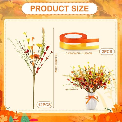 JUNEBRUSHS 12 Pack Fall Flowers, Artificial Autumn Floral Berry Picks Forsythia Stem for Thanksgiving Harvest Bouquet Floral Arrangements Garland Table Centerpieces Home Decor