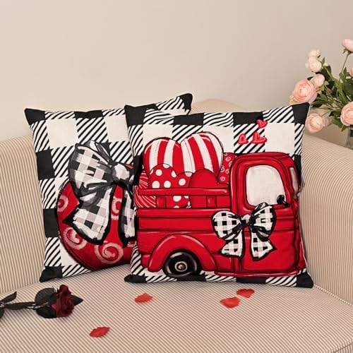 Valentines Day Decorations-Throw Pillow Covers 18x18 in set of 4,Valentine Linen Pillow Case with Red Buffalo Plaid Heart Love Truck for Large Couch Sofa Home Inside Outside Holiday Party Decor