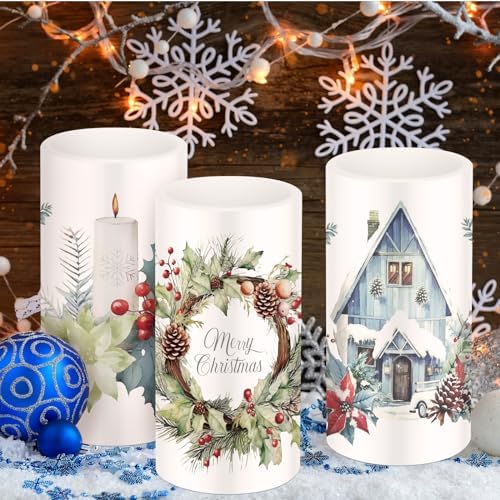 Retisee 3 Pcs Farmhouse Christmas Flameless LED Candles with Remote