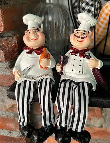 KiaoTime Set of 2 Home Kitchen Decor Chef Figurines Bread & Wine with Dangling Legs Shelf Sitters Figurine Statue for Kitchen Shelves, Cupboard, Countertop Display, Windowsill