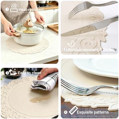 Round Faux Leather Placemats Set of 4, Dining Table Mats, Beige