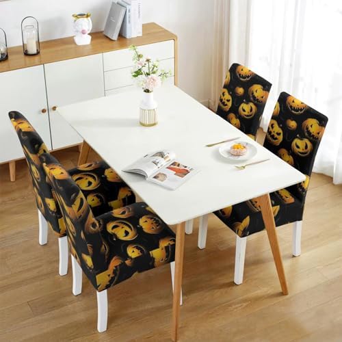 4 Pcs Halloween Dining Chair Covers, Spooky Pumpkin Stretch Removable Washable Seat Slipcovers, Horror Scary Kitchen Dining Room Hotel Decor