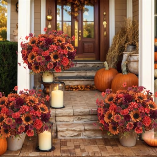 Mixed 10 Pcs Fall Artificial Sunflower Peony Bouquet, Burnt Orange Burgundy Silk Faux Flower, Autumn Faux Floral Arrangements for Wedding Table Centerpiece DIY Thanksgiving Farmhouse Outdoor Decor