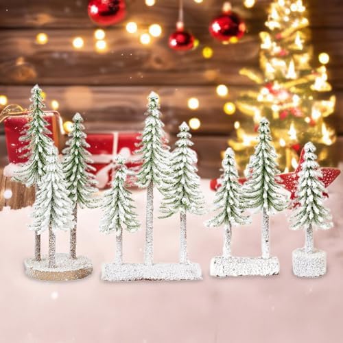 Mini Christmas Trees, Snow Frost Trees with Wood Base Bottle Brush Trees Plastic Winter Snow Ornaments Tabletop Artificial Trees for Christmas Party Home Decoration (D)