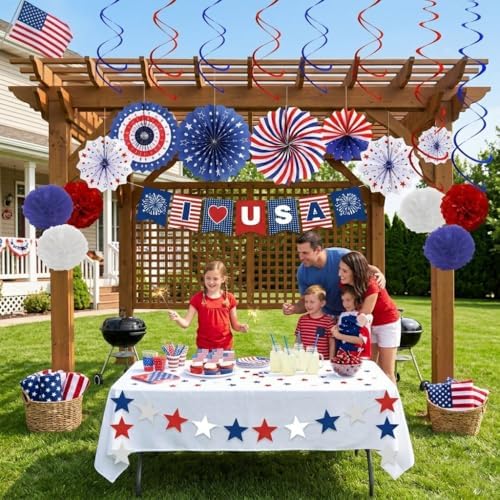 34PCS 4th of July Decorations Patriotic Decorations Love USA Banner Red White Blue Paper Fans, Star Streamer, Pom Poms, Hanging Swirls for Memorial Day Veterans Labor Presidents Flag