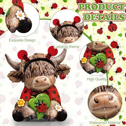 Karenhi 2 Pcs Highland Cow Figurines Resin, Ladybird Tabletop Decor