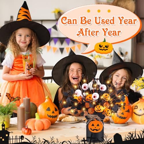 Halloween Table Deocr with 5 Pcs Artificial Pumpkin Eyeballs Eucalyptus Stems Black Iron Vase String Light and Wood Sign Halloween Centerpieces for Indoor Home Party Vase Arrangement Decorations