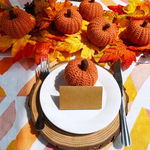 Winlyn Set of 6 Faux Fall Orange Crochet Pumpkins - Small Knit Foam Pumpkins for Rustic Farmhouse Decor, Harvest, Thanksgiving, Halloween, Autumn Table, Bowl, Tiered Tray, Mantel