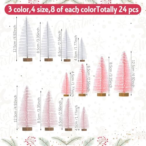 Leyndo 24 Pcs Pink White Artificial Mini Christmas Tree with Wood Base