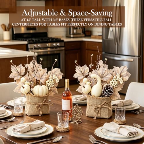 [Light & Timer] Fall Decor 2 Pack Fall Table Centerpieces with 20 LED Tabletop Maple Tree Pumpkin Pinecone Berry Branch Arrangement, Fall Decorations for Home Kitchen Halloween Thanksgiving
