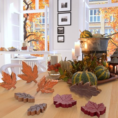 Bencailor 12 Pcs Fall Tiered Tray Decor Wooden Maple Leaf Decor Fall Table Decoration Retro Autumn Wooden Sign Thanksgiving Centerpiece for Home Desk Office Party Decoration