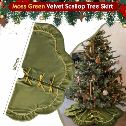 Arrowbash Olive Green 60 Inch Christmas Tree Skirt Velvet Scallop Ddge