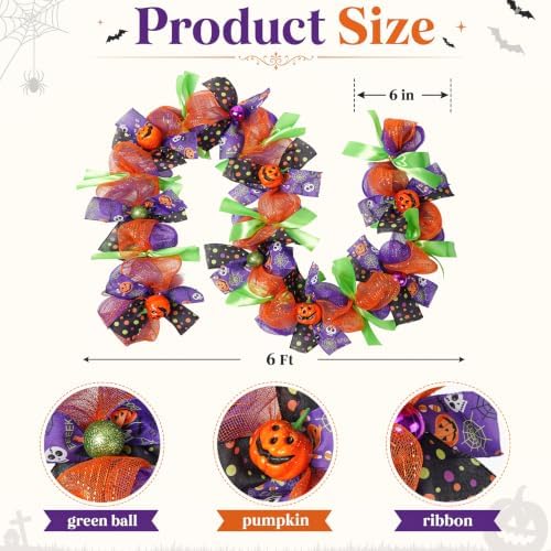 Halloween Garland for Mantle with Pumpkin Mesh Ribbons 6Ft