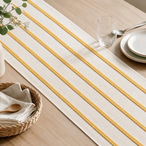 Artoid Mode Yellow Farmhouse Woven Stripe Table Runner, Seasonal Holiday Boho Rustic Kitchen Dining Table Decoration for Home Party Decor 12x72 Inch