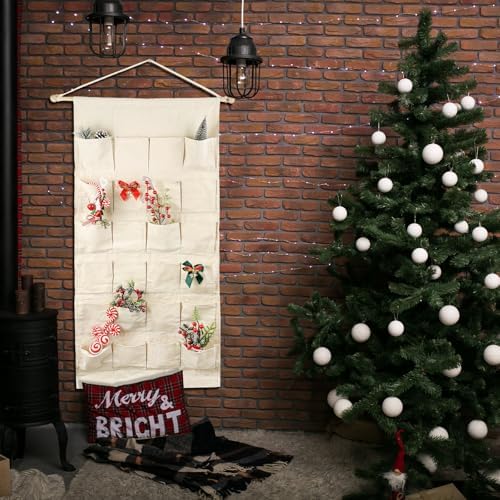 Fabric Christmas Advent Calendar with Pockets,Christmas Advent Calendar,Reusable Natural 24 Days Countdown Advent Calendar Hanging Storage Bag for Xmas Holiday Home Wall Decoration