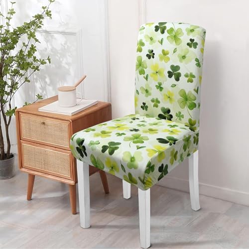 St Patricks Day Chair Covers Set of 4, Green Four Leaf Clover Dining Chair Covers, Elastic Removable Washable Dining Chair Covers for St. Patricks Day Kitchen Dining Room Holiday Party Decor