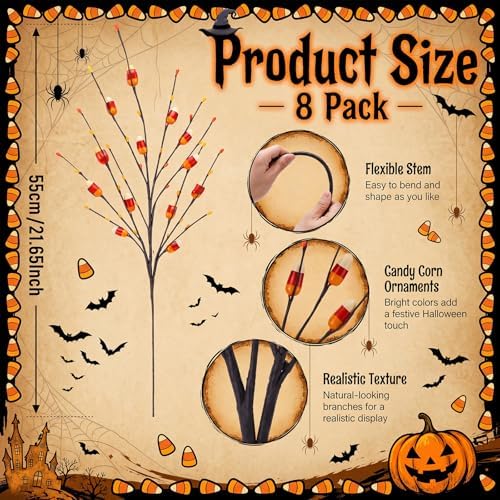 8 Pcs 20 Inch Halloween Candy Corn Artificial Stems Berry Spray with Fake Candies for Halloween Party Spooky Decoration, Faux Twigs and Branches for Vases Arrangement for Fall Season