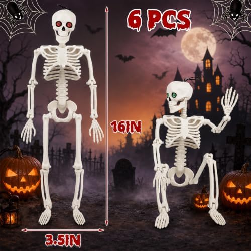 6 Pack 16" Halloween Skeleton Decor with Eyes & Box (White)