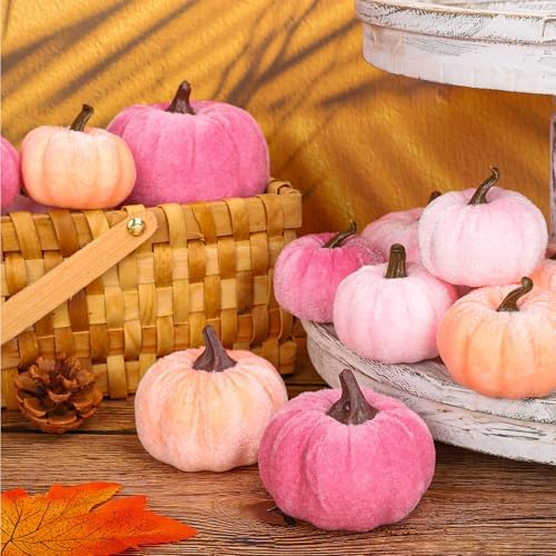 Whaline 12Pcs Fall Artificial Pumpkins Blush Coral Pink Peach Pink Fake Velvet Pumpkins 3 Sizes Autumn Foam Pumpkin Table Centerpiece for Fall Baby Shower Thanksgiving Halloween Party Decoration