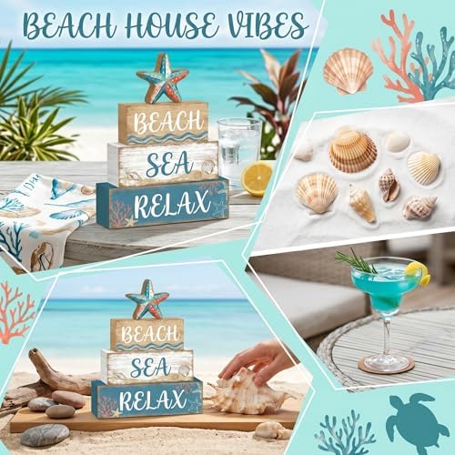 Britimes Tiered Tray Decor Set, 4 Pack, Wooden Table Sign, Ocean Beach