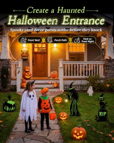 Halloween Decorations Outdoor - 3 Pack Metal Witch Yard Stakes with Solar Lantern, Glow in The Dark Tombstone, Black Cat & Cauldron for Garden Yard Lawn Porch Decor