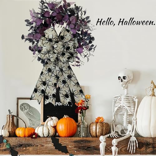 1 Pcs Large Halloween Wreath Bow - Black Spider & White Spider Web Wired Bow, Rustic Burlap Style Halloween Bows for Front Door, Tree Topper, Spooky Home Party Decor (Black Spider Bow)